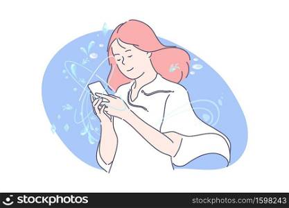 Social network or smm concept. Happy woman blogger communicates in social media. Young girl is addicted to social networks. Student uses mobile phone for typing messages. Simple flat vector. Social network or smm concept