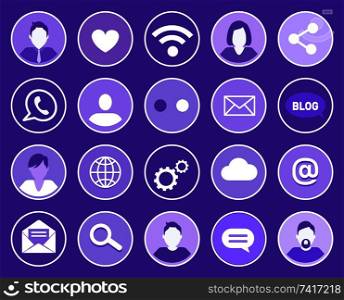 Social network profiles and avatars set of isolated icons. People and wifi, mobile phone and message. Gears and globe, magnifying glass search vector. Social Network Profiles Set Vector Illustration