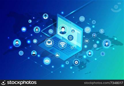 Social network promo poster with laptop and icons. Convenient way to communicate through global Internet system commercial banner vector illustration.. Social Network Promo Poster with Laptop and Icons