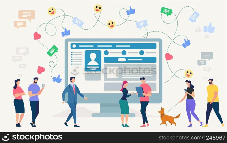 Social Network Site and Emoji Art Concept. Communication systems, Digital Technologies and Messaging. Networking People and Communication Set. People Connecting. Flat style Vector Illustration.. Social Network Site. Vector Illustration.