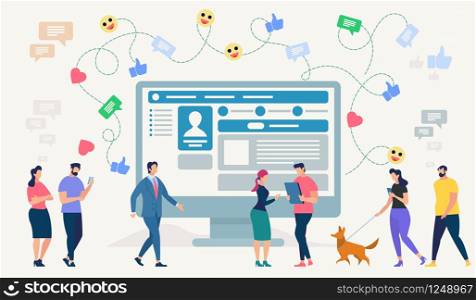 Social Network Site and Emoji Art Concept. Communication systems, Digital Technologies and Messaging. Networking People and Communication Set. People Connecting. Flat style Vector Illustration.. Social Network Site. Vector Illustration.