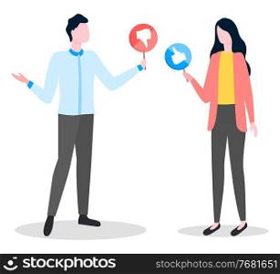 Social network symbols, people woman and man holding signs like, dislike, rating of video, photo, post in internet, users or customers, interacting with content, online, thumb up and thumb down. Social network symbols, people woman man holding signs like, dislike, rating of video, photo, post