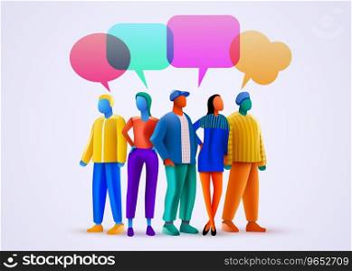 Social Network Template. Group of Young People Characters Chatting and speaking. Virtual Communication Concept. Vector illustration. Social Network Template. Group of Young People Characters Chatting and speaking. Virtual Communication Concept.