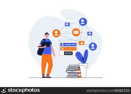 Social network web concept with character scene. Man login to personal account and communicating with friends. People situation in flat design. Vector illustration for social media marketing material.