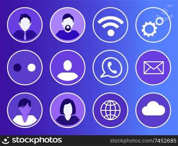Social network, wifi isolated rounded icons set vector. People man and woman profiles, phone and sealed envelope message. Globe and cloud, gears tool. Social Network Wifi Icons Vector Illustration