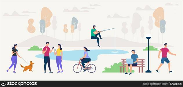 Social Networking and Communication Concept. People using Gadgets walking Outdoors in Park. Networking People set. Digital Technologies and Messaging. Flat style Vector Illustration.. Social Networking and Communication. Vector.