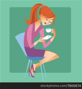 Social networking and modern technology. Young woman sitting with a Cup of coffee or tea and read the message on your phone