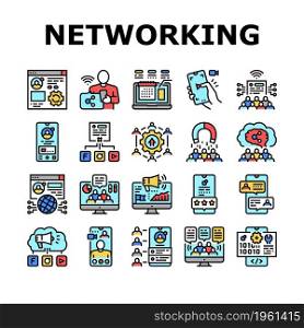 Social Networking Online App Icons Set Vector. Content Schedule And Video Calling, Social Debate And Campaign, Global Chatting Communication And Media Marketing Line. Color Illustrations. Social Networking Online App Icons Set Vector