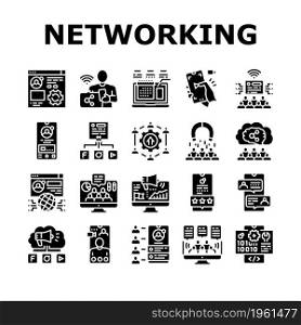 Social Networking Online App Icons Set Vector. Content Schedule And Video Calling, Social Debate And Campaign, Global Chatting Communication And Media Marketing Glyph Pictograms Black Illustrations. Social Networking Online App Icons Set Vector