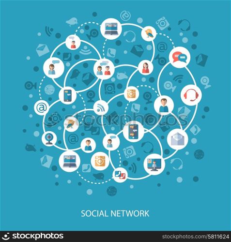 Social networks and communication connecting people online concept on blue background flat vector illustration. Social networks communication concept