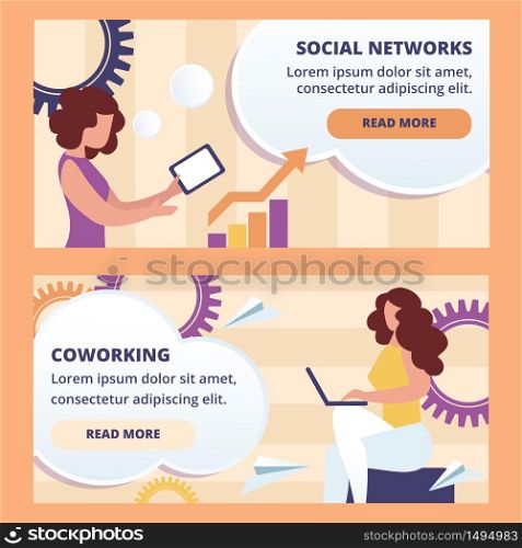 Social Networks and Coworking Horizontal Banners Set. Freelancers Working Online, Artist, Web Designer Sitting with Laptop Remote Outsourced Employees Collaboration Cartoon Flat Vector Illustration. Social Networks and Coworking Horizontal Banners