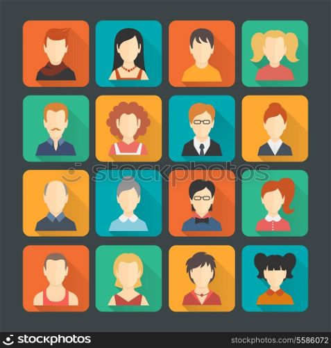Social networks business private users avatar pictograms solid colors design icons set isolated flat shaded vector illustration