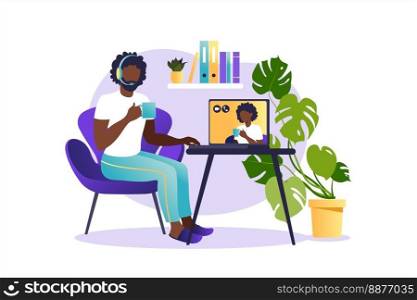 Social networks, chatting, dating app. Vector illustration for online dating app users. Flat illustration of african man and woman acquaintance in social network.