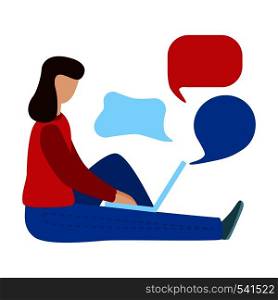 Social networks communication concept. Woman sitting and using laptop. Dialogue, chatting, communication. Social media concept. Flat vector illustration isolated on white background. Social networks communication concept. Woman sit and use laptop. Dialogue, chatting, communication.