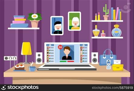 Social networks. Desktop of the woman. Vector illustration