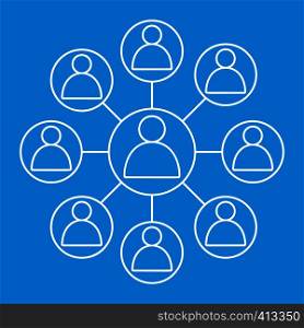 Social networks friends icon. Man in circle icons connected with lines on blue background. Social networks friends icon