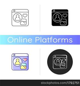 Social networks icon. Online platform for building social relationships. Finding like-minded individuals. Sharing information, photos. Linear black and RGB color styles. Isolated vector illustrations. Social networks icon