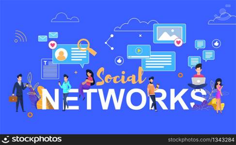 Social Networks. People Sitting on Big Letters. Vector Illustration Horizontal Flat Banner. Young Girl Reads Interesting Blog. Guy with Briefcase Holds Smartphone. Post Like Comment Fly over Heads.