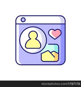 Social networks RGB color icon. Online platform for building social relationships. Finding like-minded individuals. Share information, photos. Isolated vector illustration. Simple filled line drawing. Social networks RGB color icon