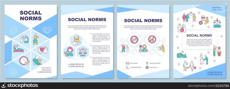 Social norms brochure template. Moral rules and engagement. Flyer, booklet, leaflet print, cover design with linear icons. Vector layouts for presentation, annual reports, advertisement pages. Social norms brochure template