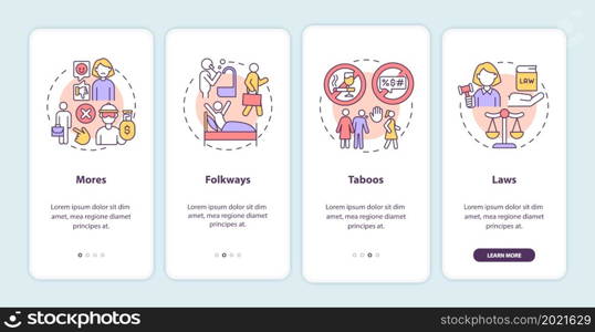 Social norms onboarding mobile app page screen. Moral rules in community walkthrough 4 steps graphic instructions with concepts. UI, UX, GUI vector template with linear color illustrations. Social norms onboarding mobile app page screen