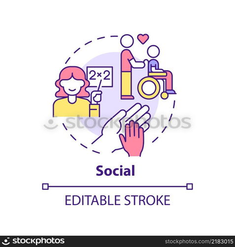 Social occupation concept icon. Work environment type abstract idea thin line illustration. Career helping people. Isolated outline drawing. Editable stroke. Arial, Myriad Pro-Bold fonts used. Social occupation concept icon