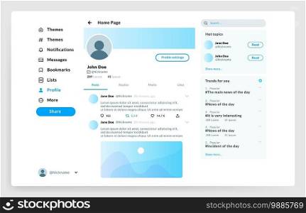 Social page interface. User profile UI mockup. Network account with control menu and profile photograph, trendy topics or place for posts. Web template with text and buttons, vector online application. Social page interface. User profile UI mockup. Network account with control menu and profile photo, topics or place for posts. Web template with text and buttons, vector application