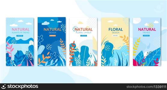 Social Pages Set with Natural and Floral Design. Trendy Layout Kit. Media Network Stories Wallpapers for Mobile App. Editable Templates with Leaves and Plants. Vector Illustration with Active Button. Social Pages Set with Natural and Floral Design