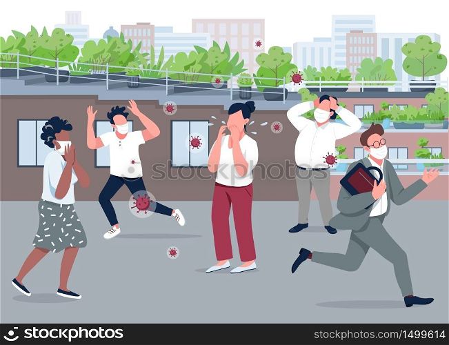 Social panic flat color vector illustration. Contagious woman 2D cartoon character with running people in surgical masks on background. Mass hysteria, covid spread, covid outbreak. Public panic attack. Social panic flat color vector illustration