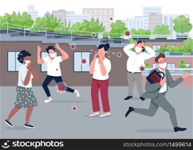 Social panic flat color vector illustration. Contagious woman 2D cartoon character with running people in surgical masks on background. Mass hysteria, covid spread, covid outbreak. Public panic attack. Social panic flat color vector illustration