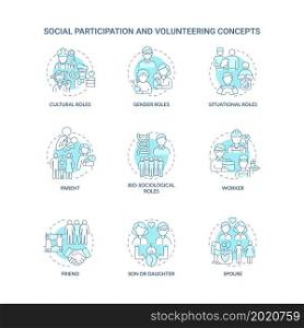 Social participation and volunteering blue concept icons set. Different roles for people in community idea thin line color illustrations. Vector isolated outline drawings. Editable stroke. Social participation and volunteering blue concept icons set