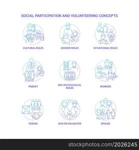 Social participation and volunteering blue gradient concept icons set. Different community roles for people in world idea thin line color illustrations. Vector isolated outline drawings. Social participation and volunteering blue gradient concept icons set