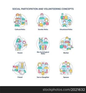 Social participation and volunteering concept icons set. Different roles for people in community idea thin line color illustrations. Vector isolated outline drawings. Editable stroke. Social participation and volunteering concept icons set