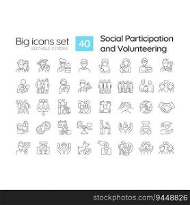 Social participation and volunteering linear icons set. Giving back to community. Civic engagement. Customizable thin line symbols. Isolated vector outline illustrations. Editable stroke. Social participation and volunteering linear icons set