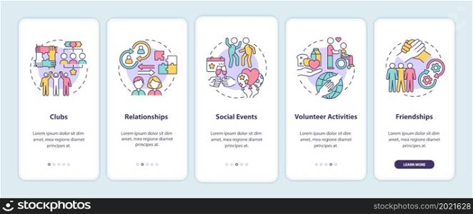 Social participation examples onboarding mobile app page screen. Group activity walkthrough 4 steps graphic instructions with concepts. UI, UX, GUI vector template with linear color illustrations. Social participation examples onboarding mobile app page screen