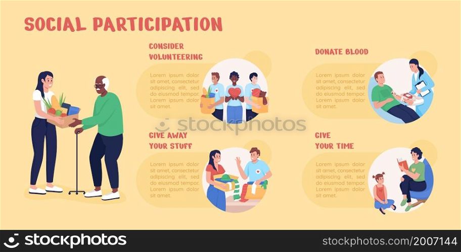 Social participation flat color vector infographic template. Charity volunteer. Poster with text, PPT page concept design with cartoon characters. Creative data visualization. Info banner idea. Social participation flat color vector infographic template