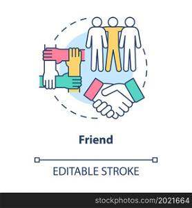 Social participation for friends concept icon. Friendship relations role type in community abstract idea thin line illustration. Vector isolated outline color drawing. Editable stroke. Social participation for friends concept icon