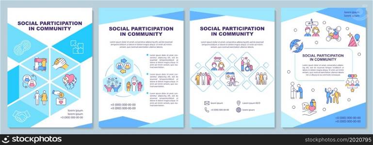 Social participation in community brochure template. Flyer, booklet, leaflet print, cover design with linear icons. Vector layouts for presentation, annual reports, advertisement pages. Social participation in community brochure template