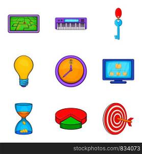 Social pc clouding icon set. Cartoon set of 9 social pc clouding vector icons for web design isolated on white background. Social pc clouding icon set, cartoon style
