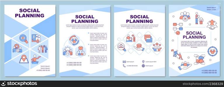 Social planning brochure template. Development and changes. Leaflet design with linear icons. 4 vector layouts for presentation, annual reports. Arial-Black, Myriad Pro-Regular fonts used. Social planning brochure template