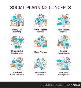 Social planning concept icons set. Society issues and concerns. Community changes idea thin line color illustrations. Isolated symbols. Editable stroke. Roboto-Medium, Myriad Pro-Bold fonts used. Social planning concept icons set