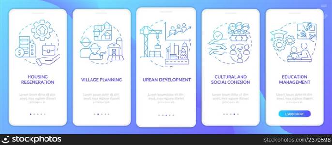 Social planning instances blue gradient onboarding mobile app screen. Walkthrough 5 steps graphic instructions pages with linear concepts. UI, UX, GUI template. Myriad Pro-Bold, Regular fonts used. Social planning instances blue gradient onboarding mobile app screen