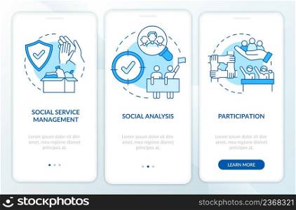 Social planning organizes blue onboarding mobile app screen. Walkthrough 3 steps graphic instructions pages with linear concepts. UI, UX, GUI template. Myriad Pro-Bold, Regular fonts used. Social planning organizes blue onboarding mobile app screen