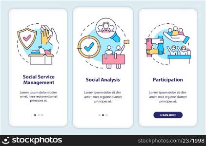 Social planning organizes onboarding mobile app screen. Walkthrough 3 steps graphic instructions pages with linear concepts. UI, UX, GUI template. Myriad Pro-Bold, Regular fonts used. Social planning organizes onboarding mobile app screen