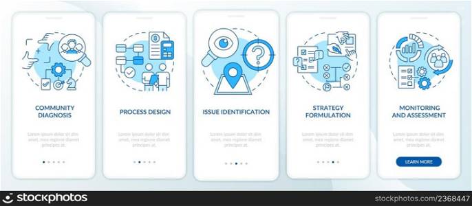 Social planning stages blue onboarding mobile app screen. Society changes walkthrough 5 steps graphic instructions pages with linear concepts. UI, UX, GUI template. Myriad Pro-Bold, Regular fonts used. Social planning stages blue onboarding mobile app screen