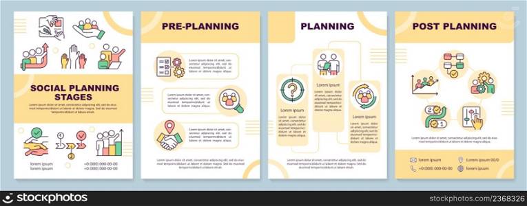 Social planning stages brochure template. Society changes. Leaflet design with linear icons. 4 vector layouts for presentation, annual reports. Arial-Black, Myriad Pro-Regular fonts used. Social planning stages brochure template