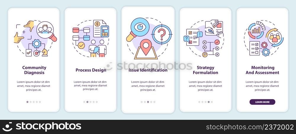 Social planning stages onboarding mobile app screen. Society changes walkthrough 5 steps graphic instructions pages with linear concepts. UI, UX, GUI template. Myriad Pro-Bold, Regular fonts used. Social planning stages onboarding mobile app screen