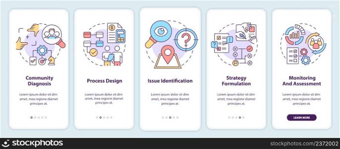 Social planning stages onboarding mobile app screen. Society changes walkthrough 5 steps graphic instructions pages with linear concepts. UI, UX, GUI template. Myriad Pro-Bold, Regular fonts used. Social planning stages onboarding mobile app screen