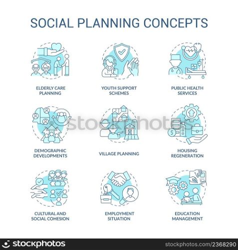 Social planning turquoise concept icons set. Society issues. Community changes idea thin line color illustrations. Isolated symbols. Editable stroke. Roboto-Medium, Myriad Pro-Bold fonts used. Social planning turquoise concept icons set