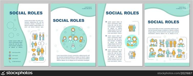 Social position blue brochure template. Person role at community. Flyer, booklet, leaflet print, cover design with linear icons. Vector layouts for presentation, annual reports, advertisement pages. Social roles brochure template